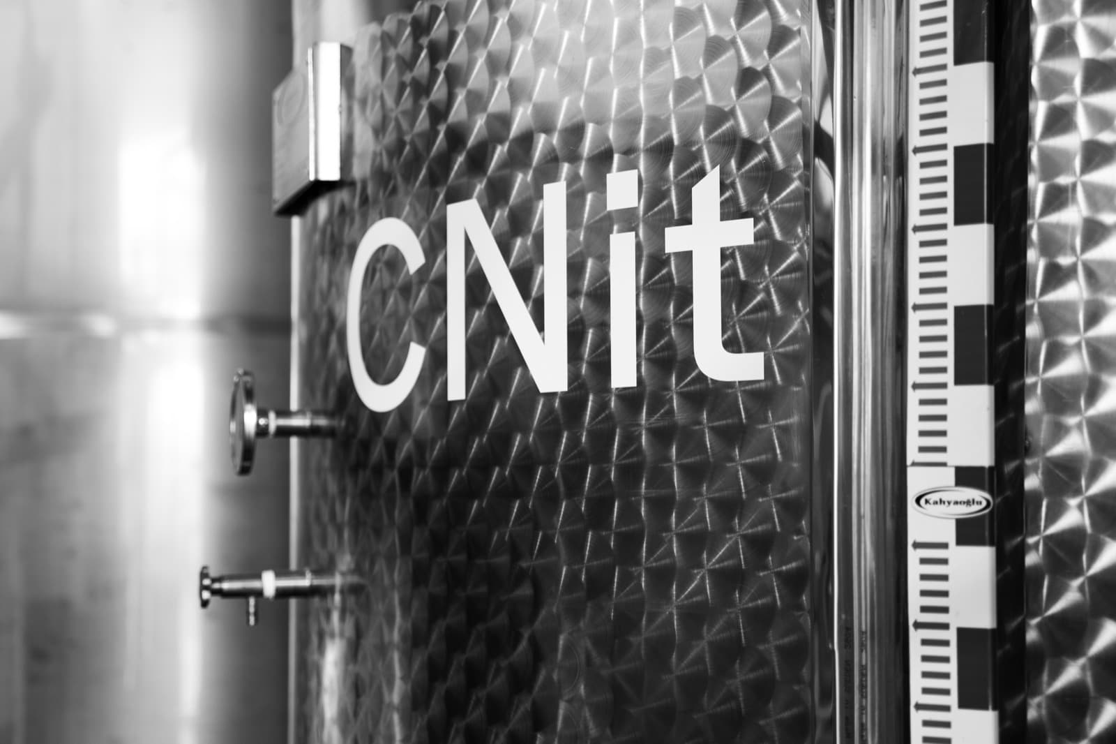 CNit lettered on the dimpled stainless flank of a product tank, its level gauge alongside
